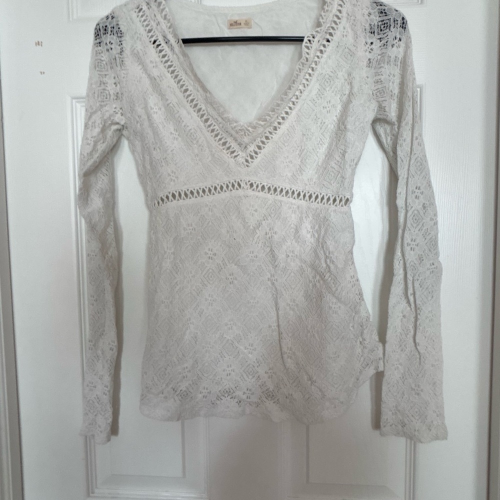Vintage hollister Women's White Lace V-Neck Long Sleeve babydoll Top